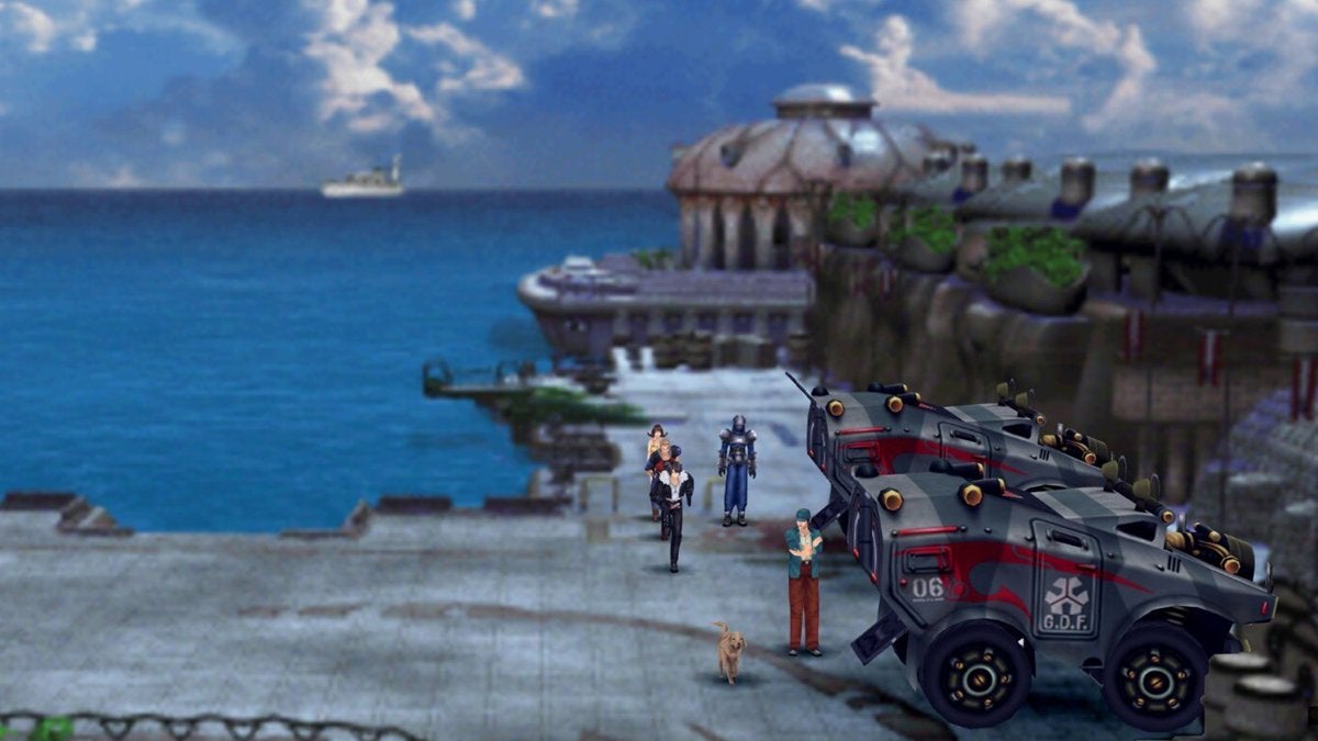 The player leaves the harbor-side docks to chase after a Labrador Retriever.