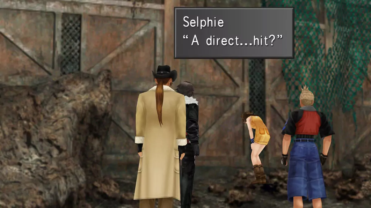 Three young men and a young woman stand among rubble in front of a ruined wall. The young woman is slumped over, with a text box that reads "A direct... hit?"