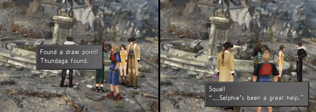 By a crumbling fountain with a gargoyle in the center, the player speaks with a survivor of the missile attack.