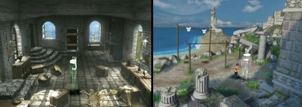 The player walks through the main character's memory of a stone orphanage by a lighthouse as a translucent, ghostly version of himself.
