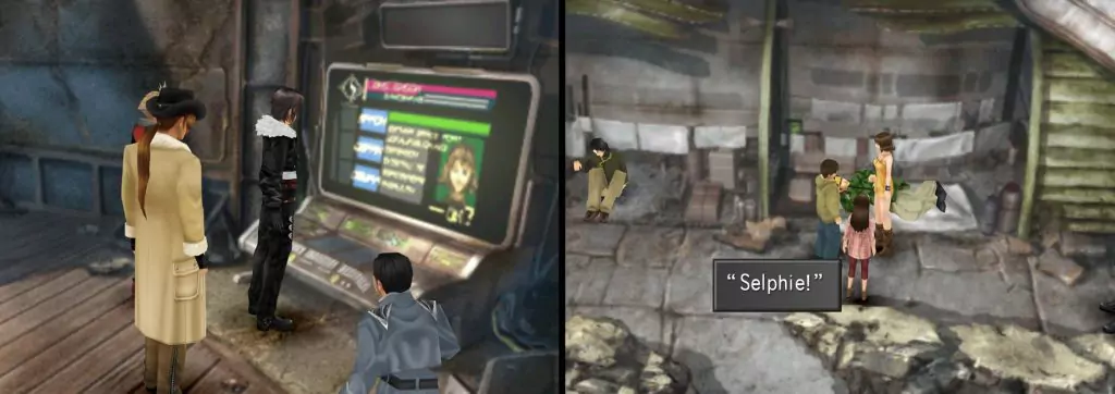 The player interacts with a large computer console in a destroyed classroom that displays student information.