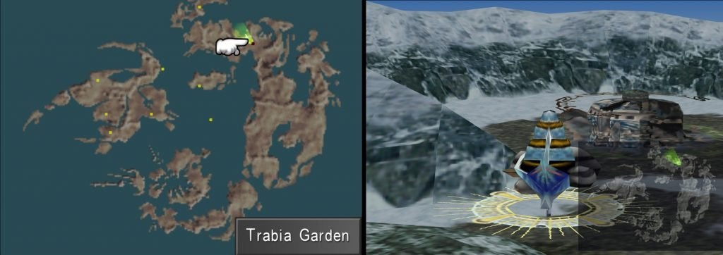 The player looks at the location of Trabia Garden on the World Map.