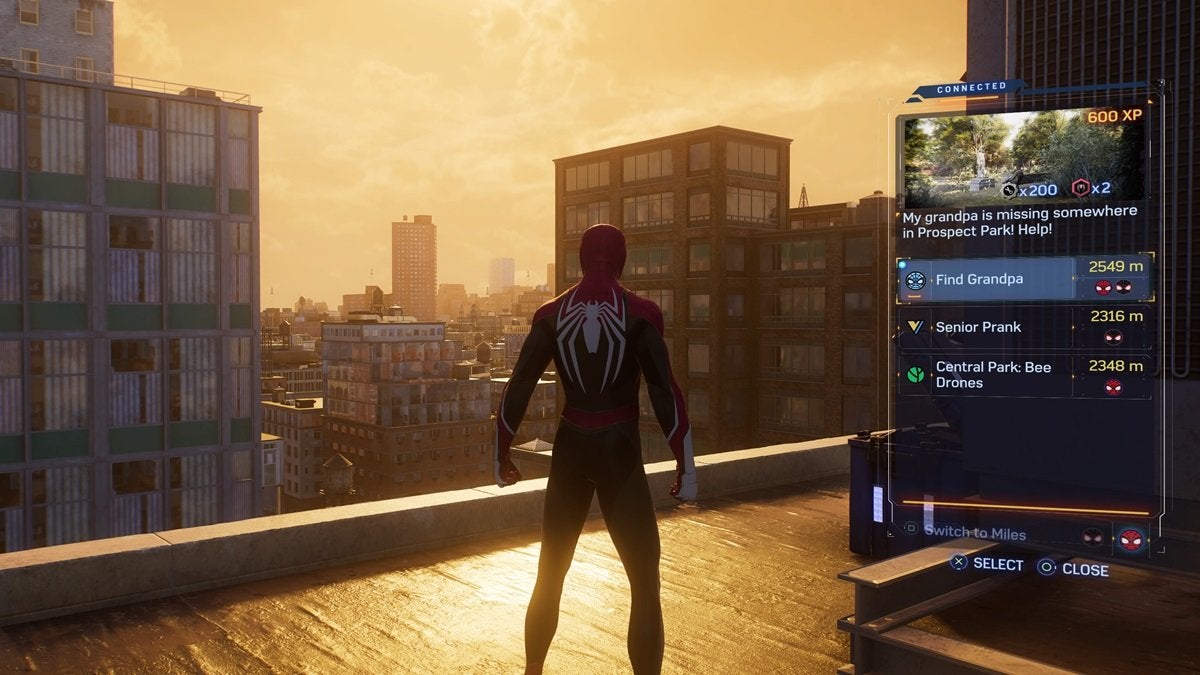 The Friendly Neighborhood Spider-Man App from Spider-Man 2 open on the right side of the screen as Spider-Man looks over the city at sunset.