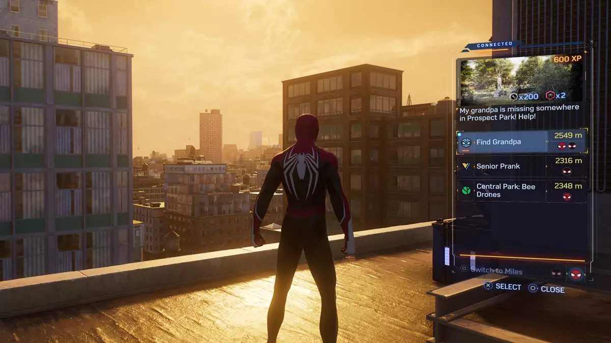 The Friendly Neighborhood Spider-Man App from Spider-Man 2 open on the right side of the screen as Spider-Man looks over the city at sunset.