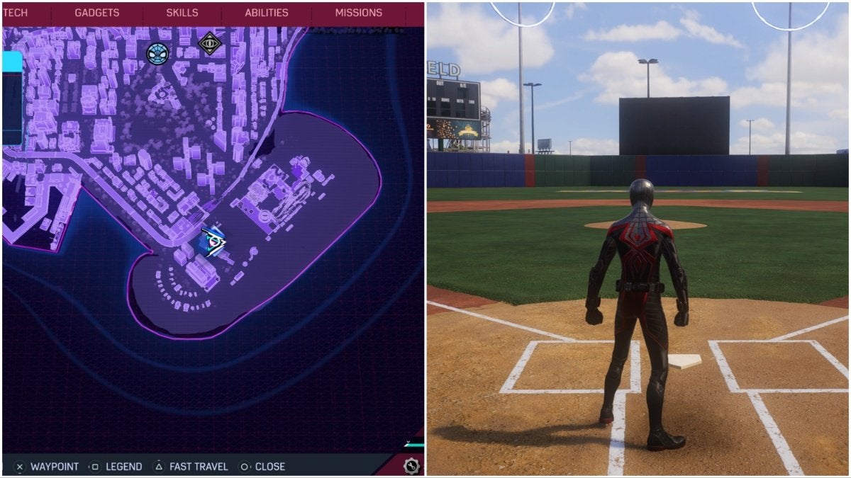 The Big Ballers Stadium in Spider-Man 2. On the left, it's shown on the map, and, on the right, Miles is standing in the baseball stadium on the home plate.