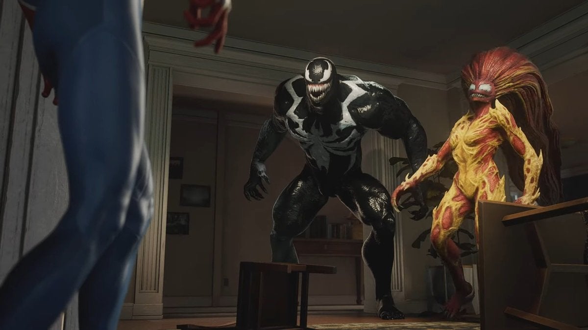 Scream and Venom approaching Spider-Man within a suburban house.
