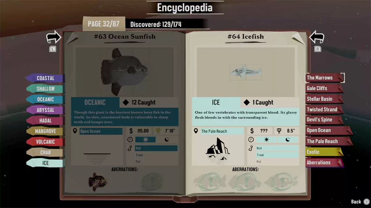 The Encyclopedia entry for the Icefish in DREDGE.