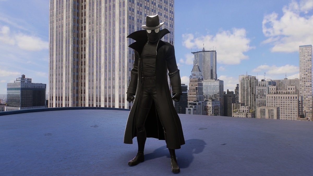 Peter Parker wearing the Into the Spider-Verse Noir Suit, which is all black and comes with a black trench coat and a gray fedora.