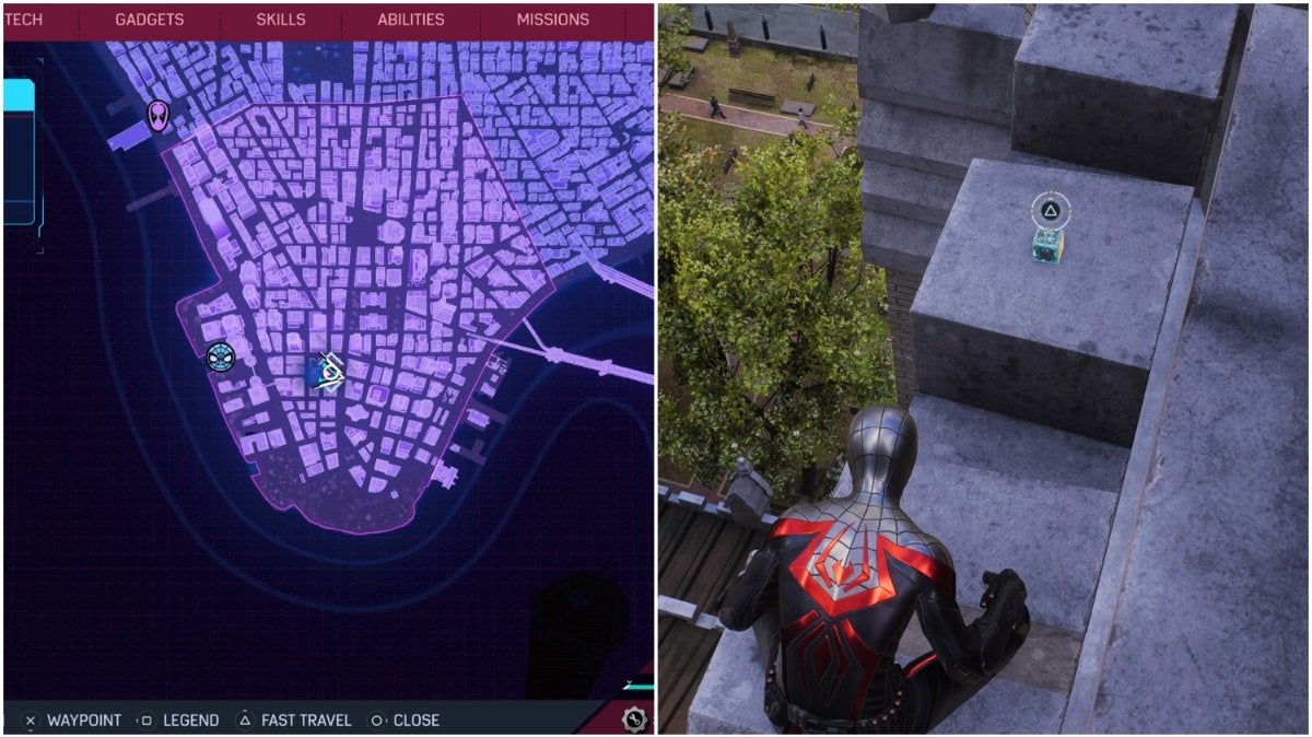 Miles and Phin's science trophy from Spider-Man 2. On the left is the science trophy's location on the map, and, on the right, is Miles looking at the science trophy as it rests on the edge of a roof.