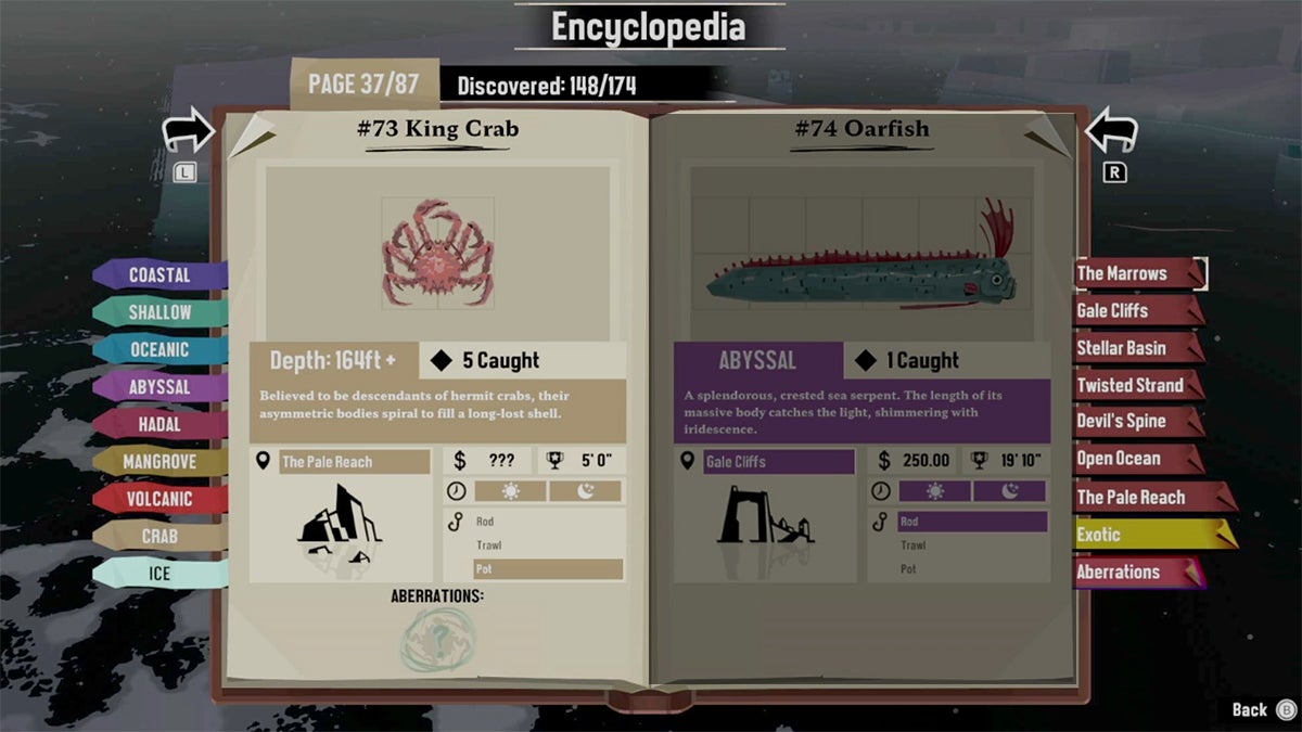 The Encyclopedia entry for King Crabs in DREDGE.