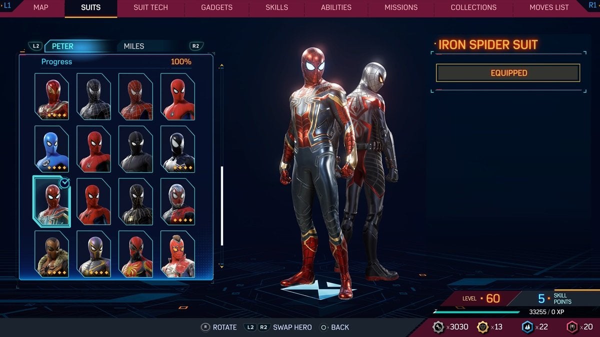The Suits menu from Spider-Man 2.
