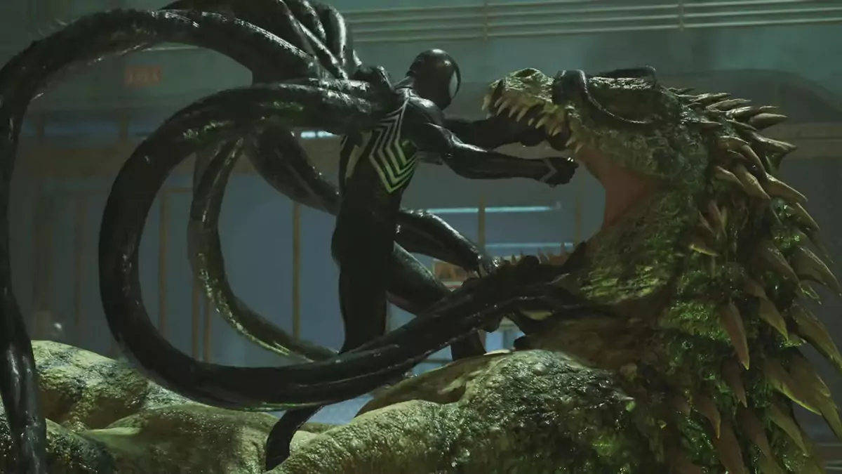 Peter injecting Lizard with an antidote while holding the latter's mouth open and extending many large black tentacles from his back.
