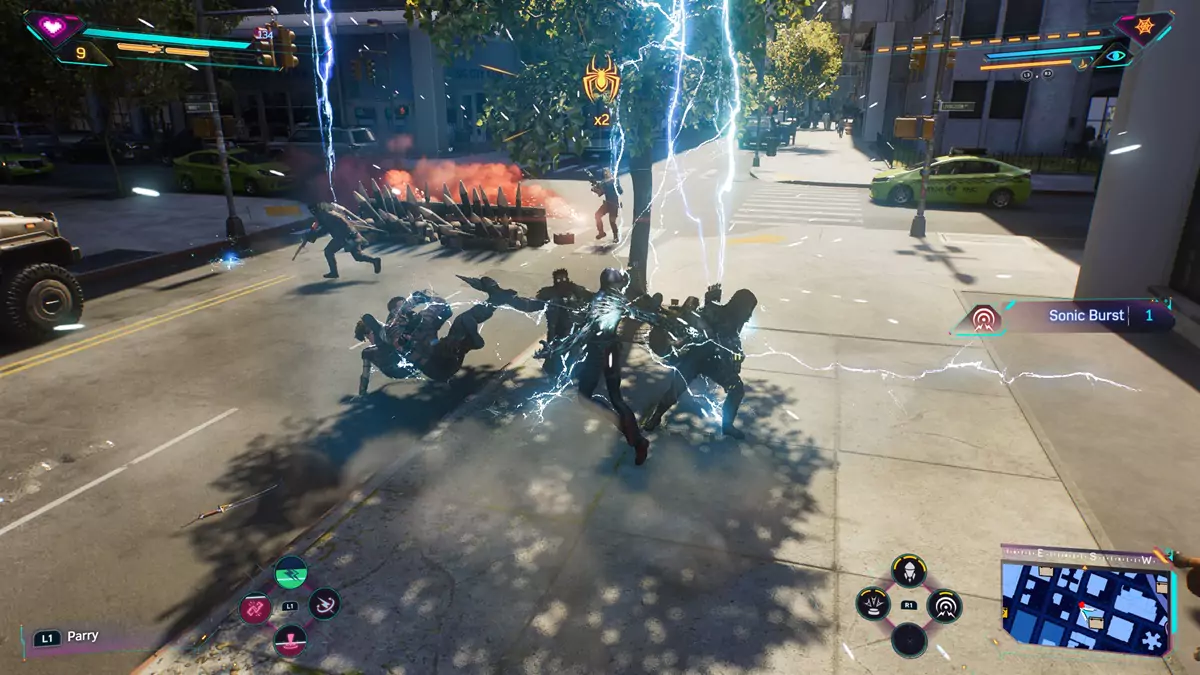 Miles using the Reverse Flux ability on enemies in Spider-Man 2, which releases blue bolts of electricity.
