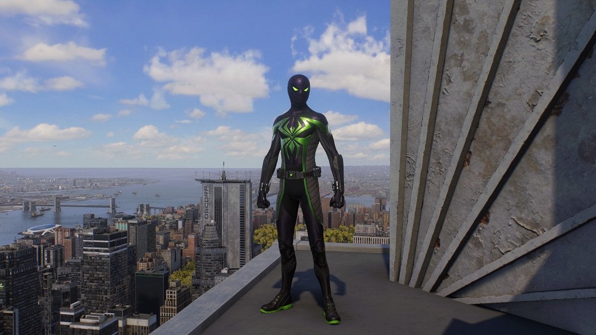 Miles Morales wearing the Purple Reign Suit, which is green and purple with a large green spider on the chest.