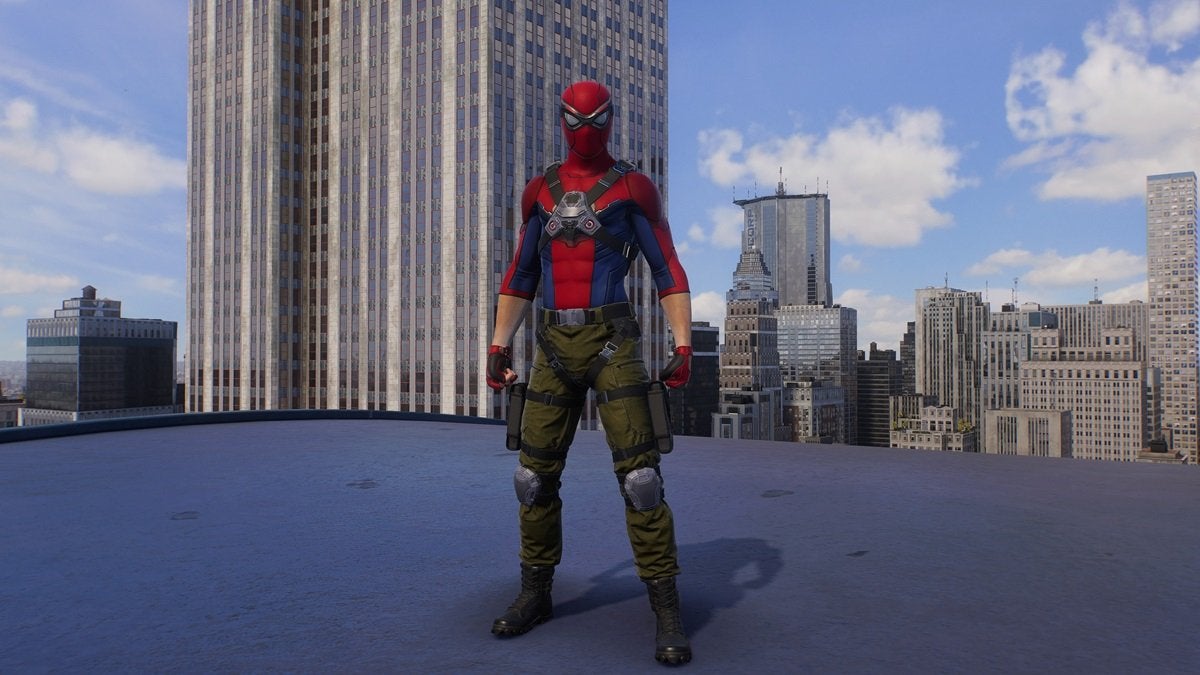 Peter Parker wearing the Secret Wars Civil War Suit, which is red and blue on top and green on the bottom.