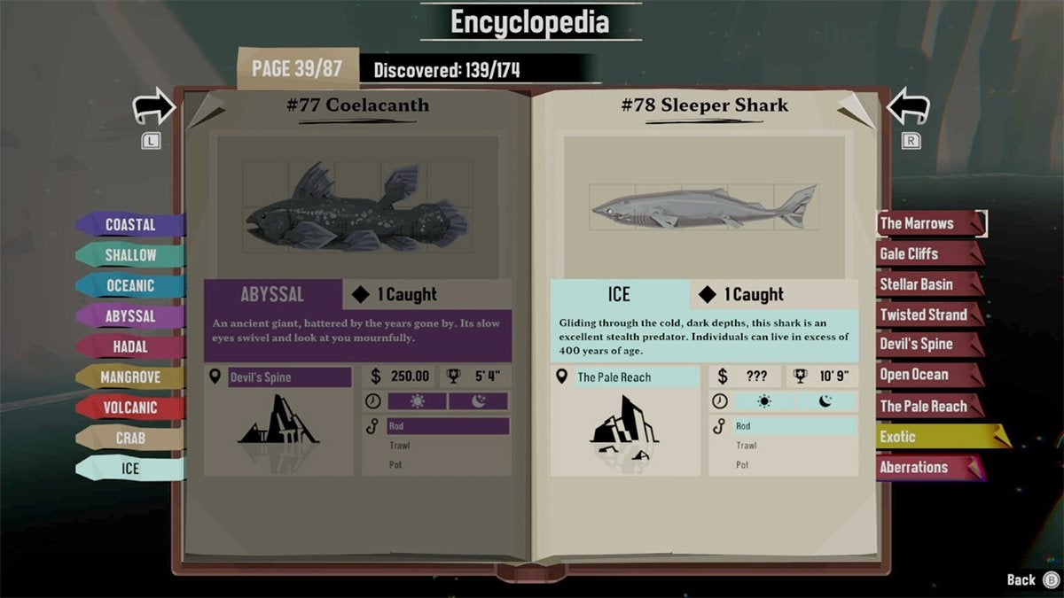 The Encyclopedia entry for the Sleeper Shark in DREDGE.