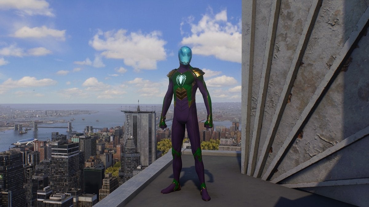 Miles Morales wearing the Smoke and Mirrors Suit, which is green, purple and gold. There are golden shoulder pads and the head of the suit is a foggy blue helmet.