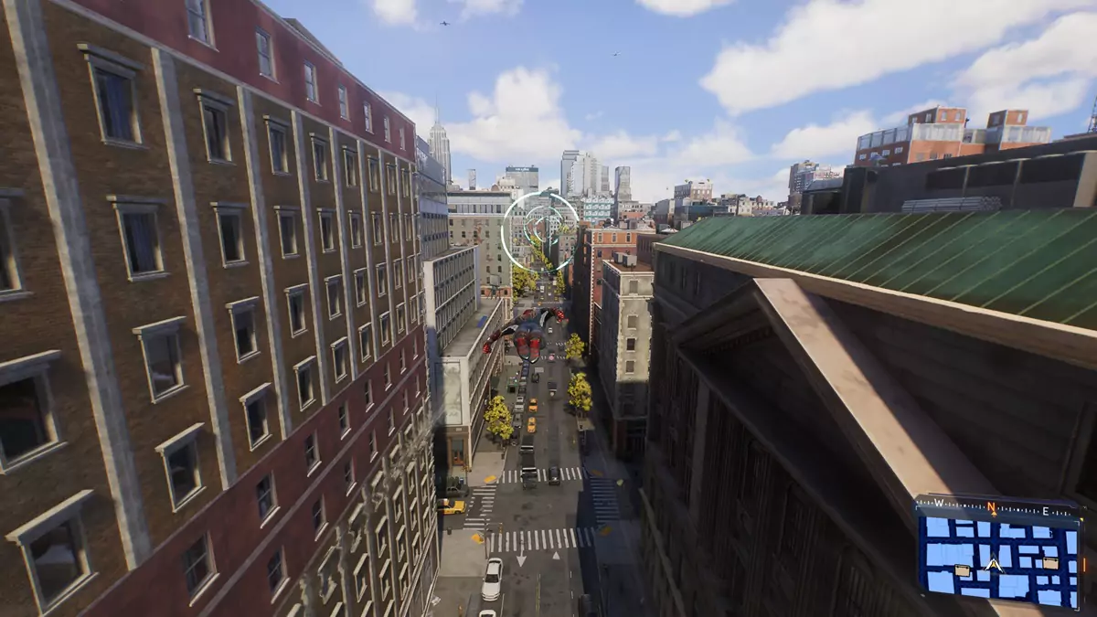 Peter Parker gliding through a wind tunnel in the air between buildings in Spider-Man 2.