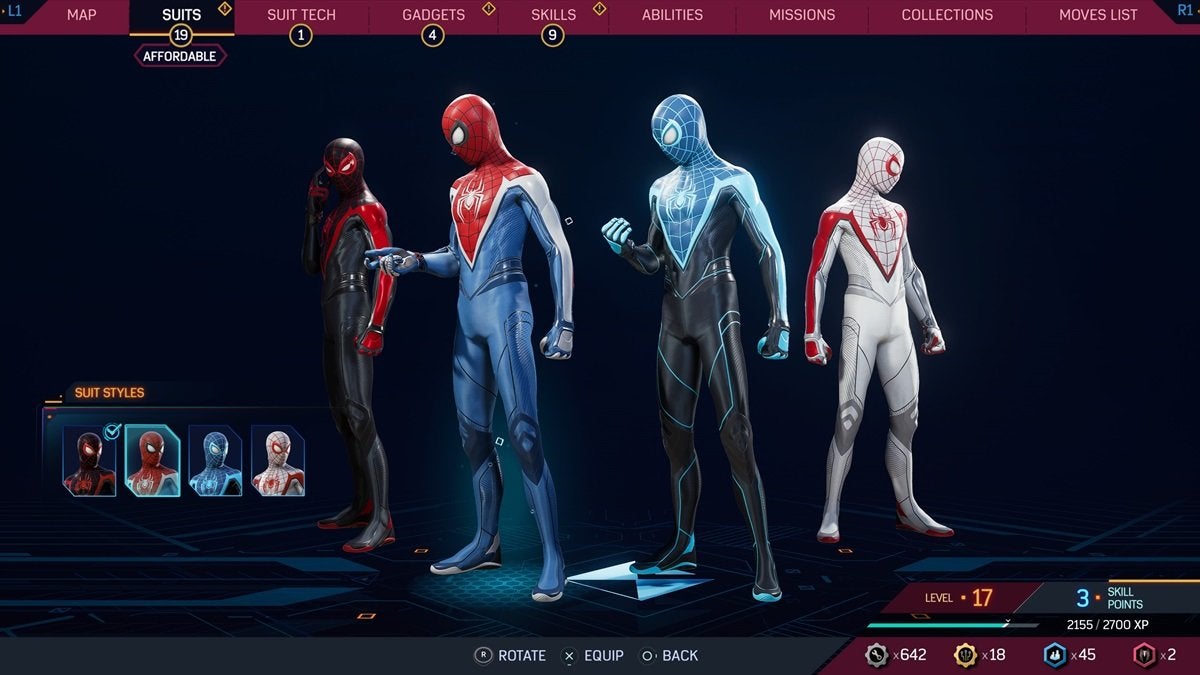 Different Suit Styles side-by-side in Spider-Man 2.
