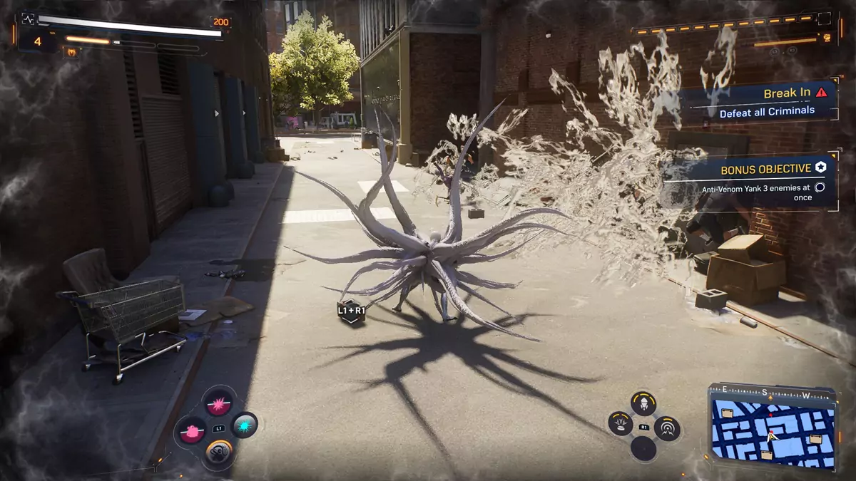 Peter performing an Anti-Venom ability that extends large, white tendrils from his back against enemies in Spider-Man 2.
