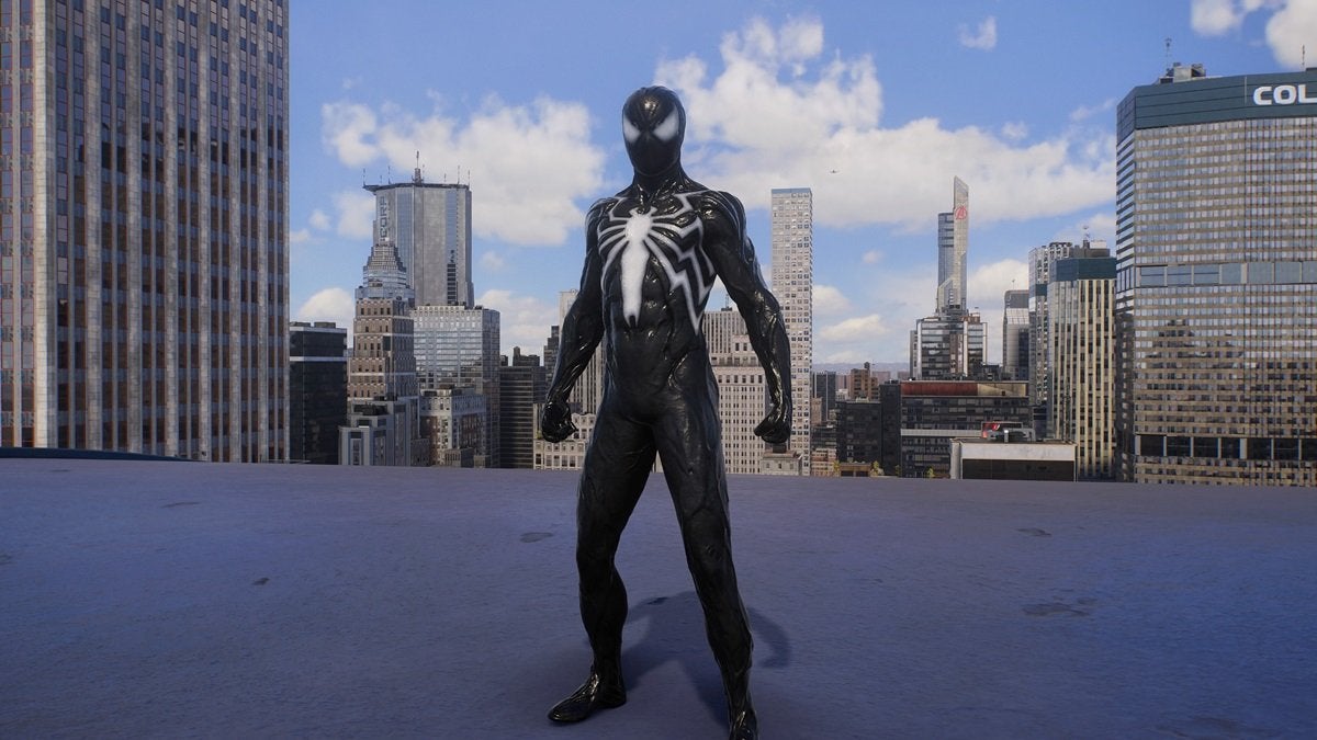 Peter Parker wearing the Symbiote Suit, which is an all black suit with a whiter spider on the chest, and angrier-looking eye pieces.
