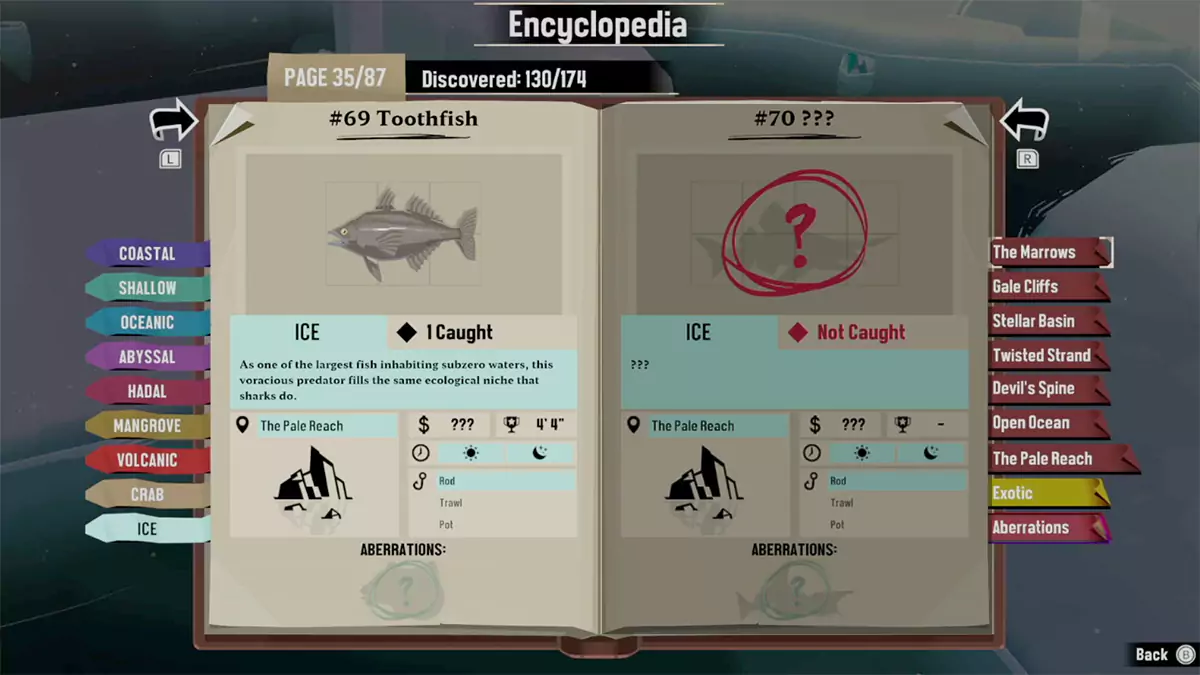 The Encyclopedia entry for the Toothfish in DREDGE.