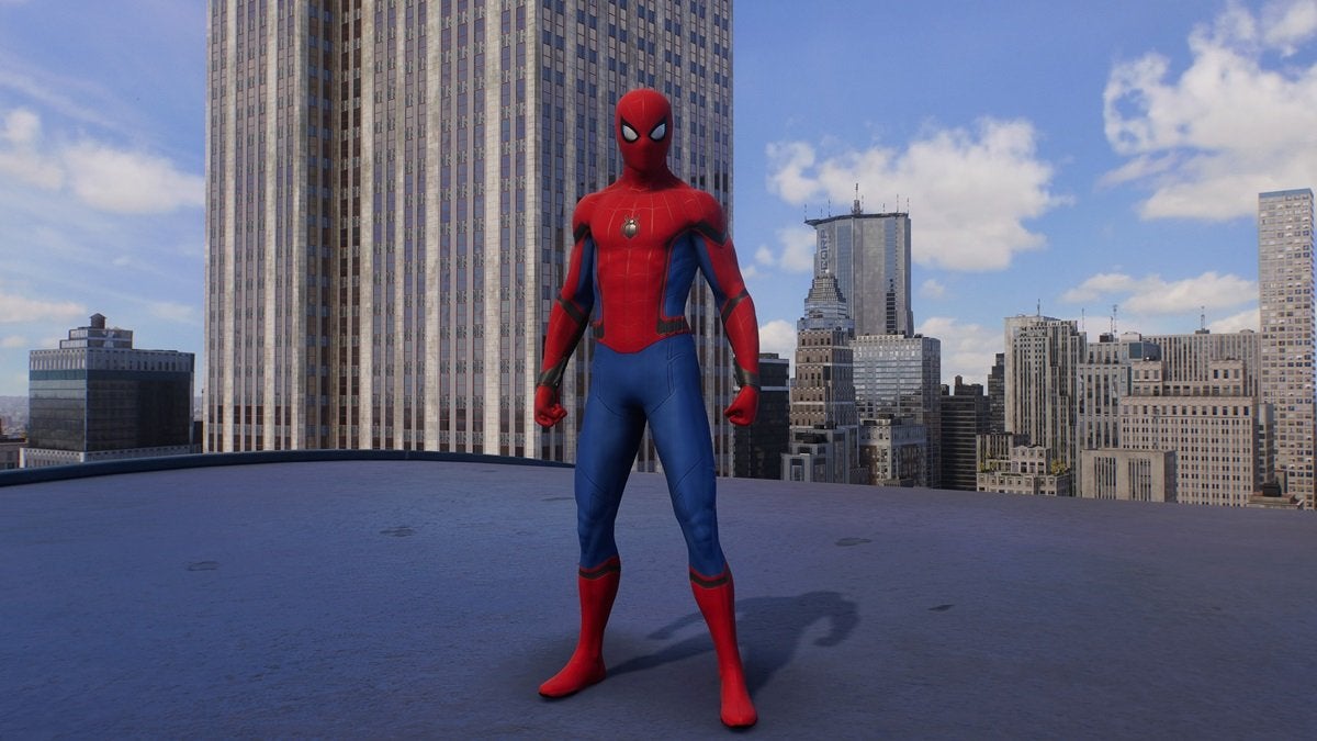 Peter Parker wearing the Upgraded Classic Suit, which is red and blue with a small black spider on the chest.
