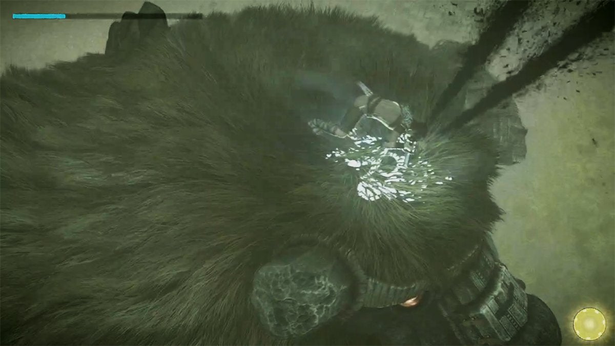 The player stabbing a colossus in the head in Shadow of the Colossus.