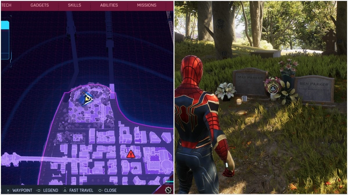 Peter looking at Aunt May's grave in Spider-Man 2. On the left is the grave's location on the map, and, on the right, Peter is standing in front of the grave.