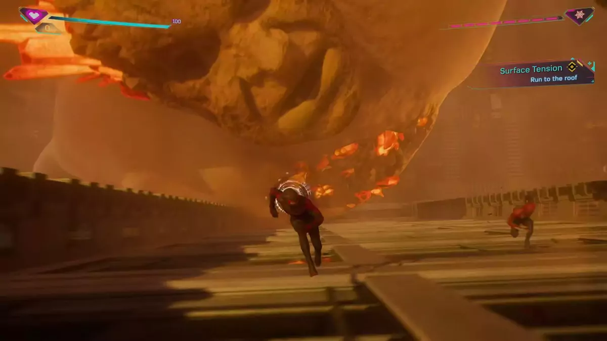 Miles and Peter running away from Sandman in Spider-Man 2. The Sandman is chasing them while in the form of a large sandstorm with a humanoid face.