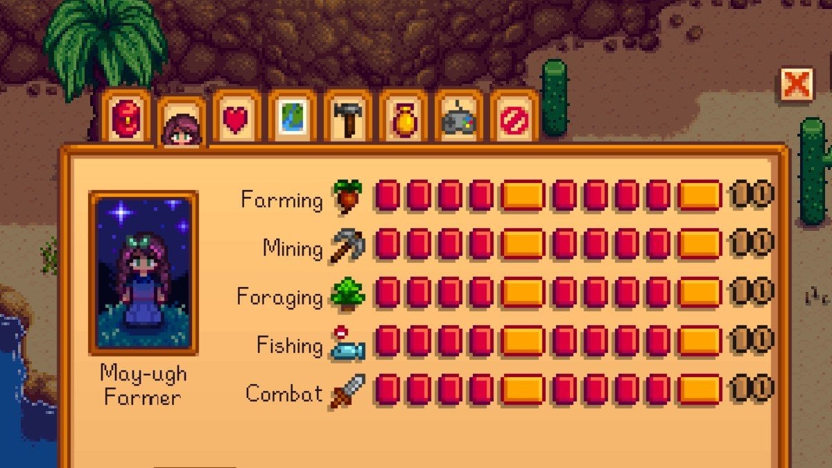 All five fully-maxed skills in Stardew Valley in the Skill menu.