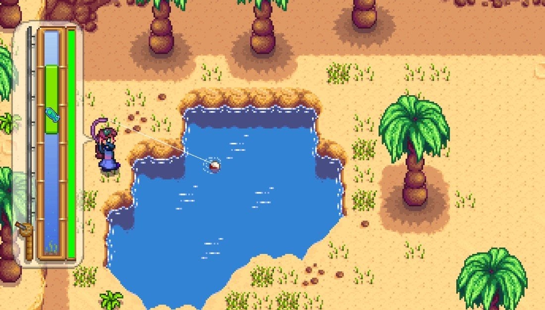 A player in the Calico Desert fishing for a Sandfish for the Specialty Fish bundle.