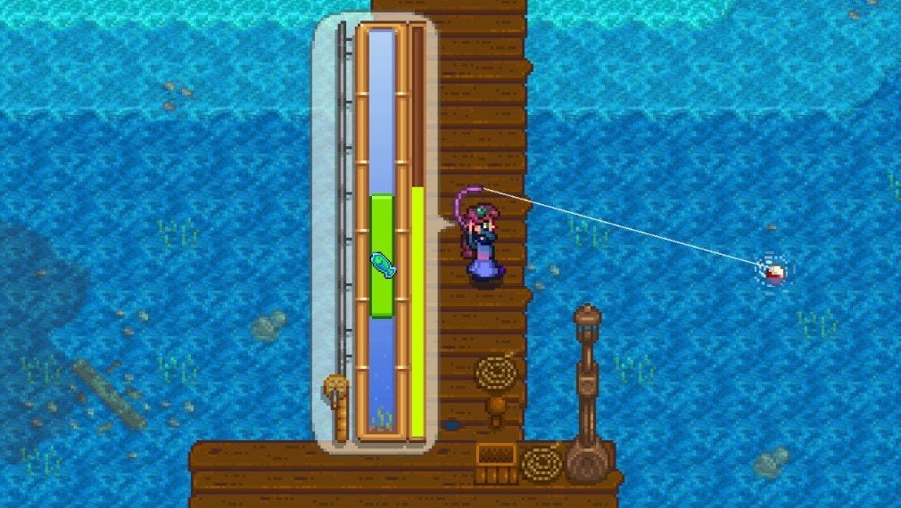 A player standing on a dock and fishing in Stardew Valley.