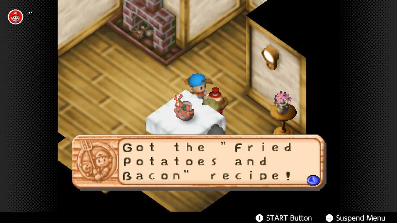 Getting the Friend Potatoes and Bacon Recipe from the Mayor in Harvest Moon 64.