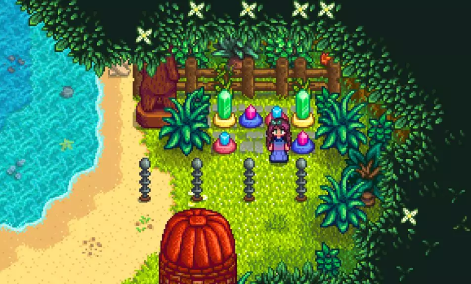 Four Lightning Rods in a horizontal line near a beach on a player's farm in Stardew Valley. 
