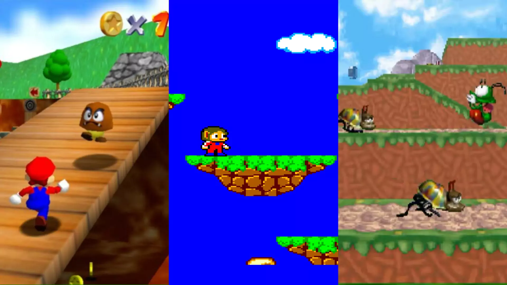 On the left is Mario running up a ramp towards a goomba, in the middle is a monkey-like boy standing on a floating island in Alex Kidd in Miracle Land, and on the right is a green bug jumping on another green bug in Bug!