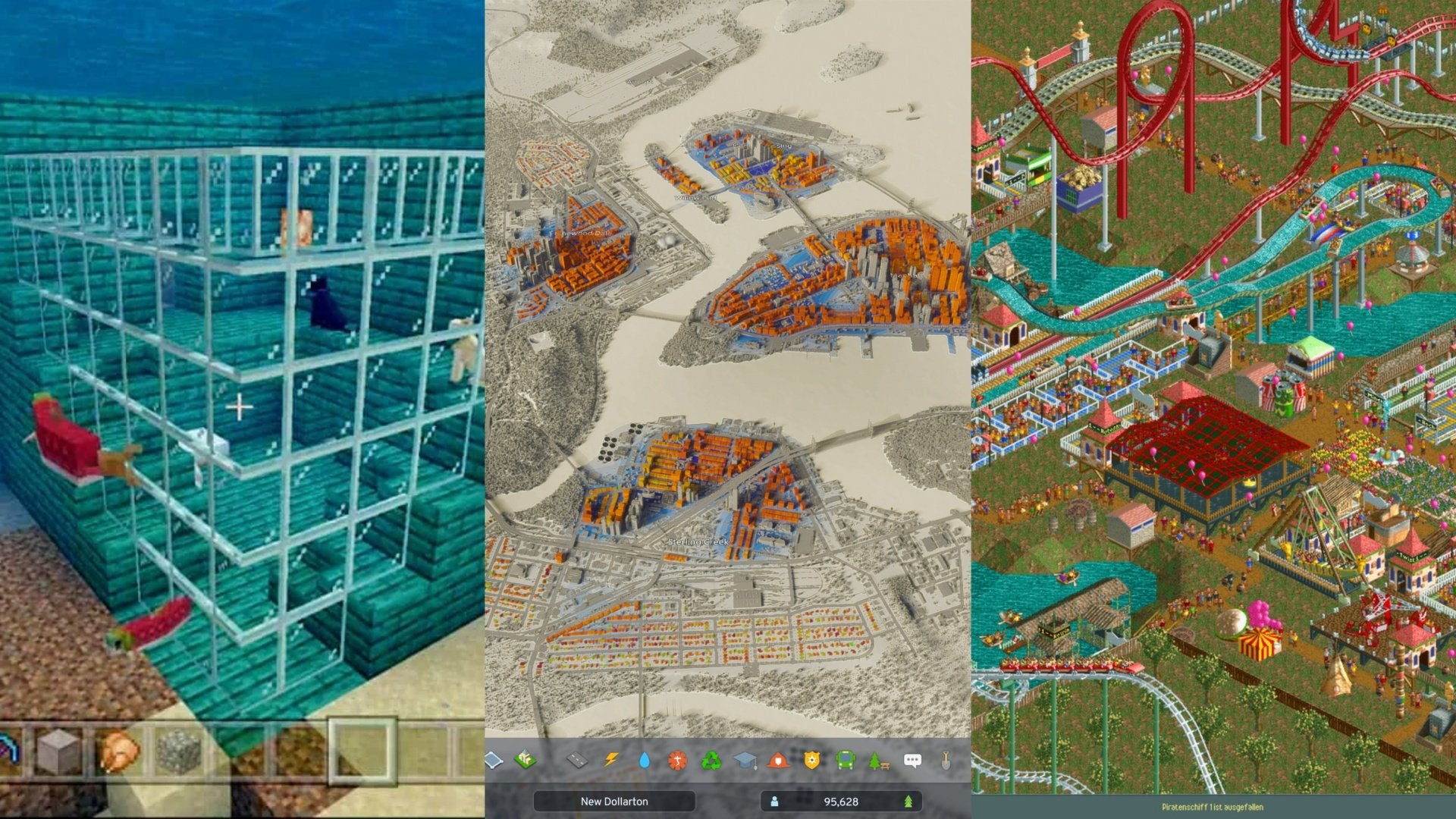 On the left is a player looking at an underwater house in Minecraft, in the center is a player looking at the population stats of their city in Cities: Skylines 2, and on the right is a park with a few rides and attractions in Roller Coaster Tycoon 2.