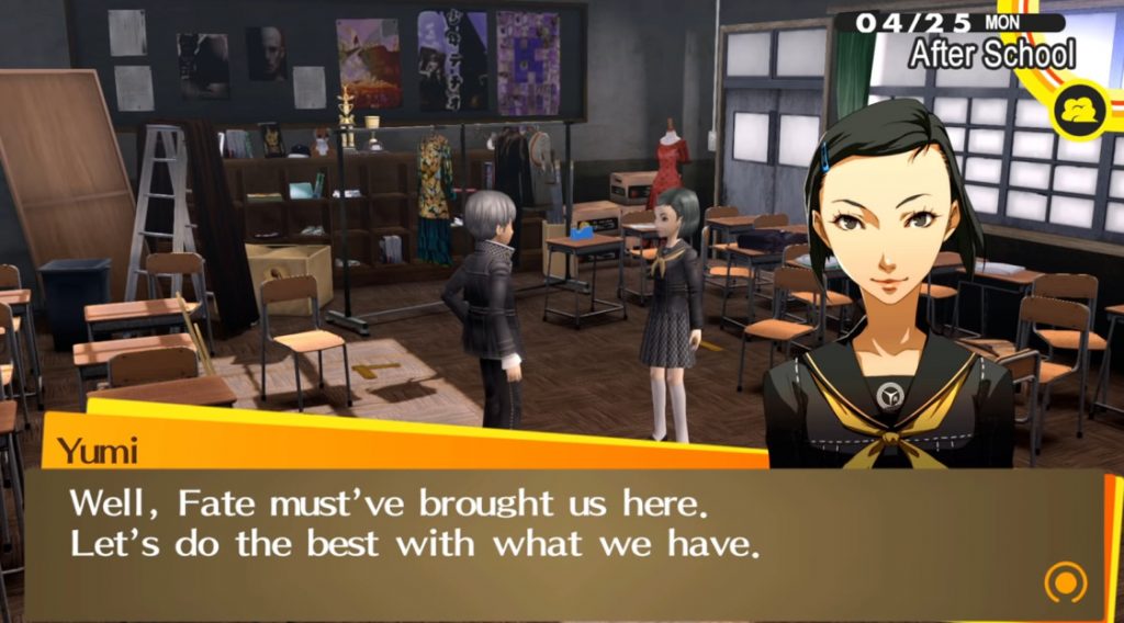 The protagonist of Persona 4 Golden chatting with Yumi, an aspiring actress, in the drama room at Yasogami High. 