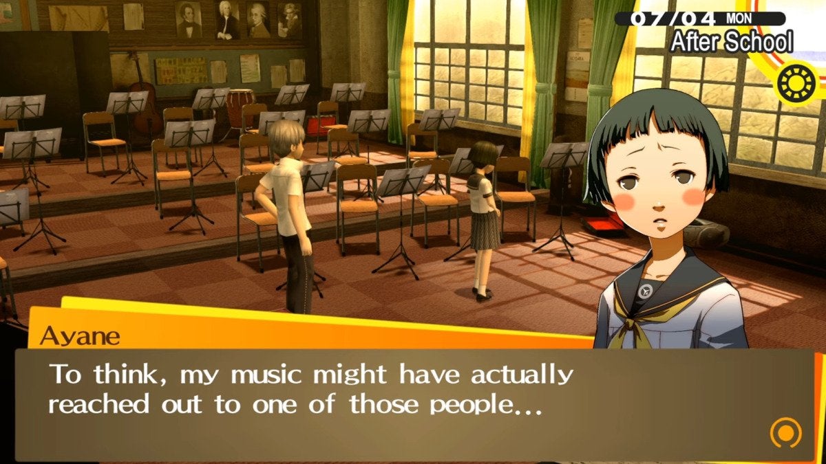 The protagonist of Persona 4 Golden chatting with Ayane Matsunaga, a member of the school band, in the high school music room.