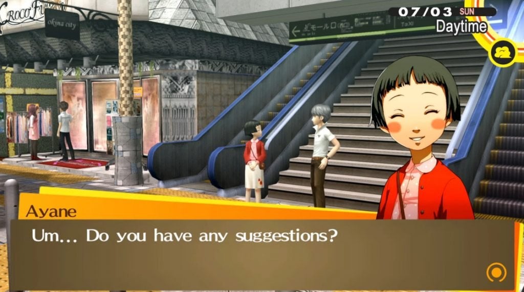 The protagonist of Persona 4 Golden and Ayane Matsunaga, a member of the school band, standing outside Okina Station.