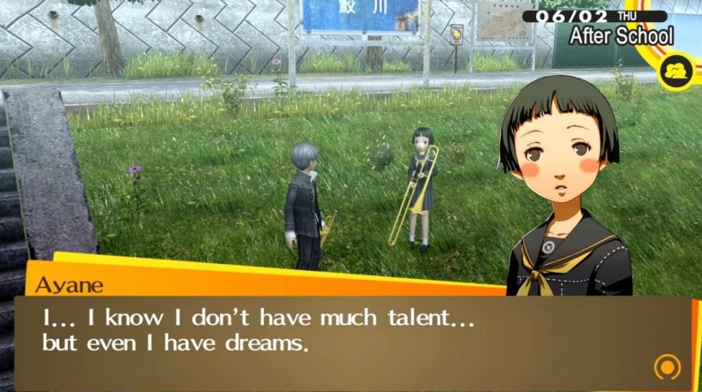 The protagonist of Persona 4 Golden and Ayane practicing their musical instruments at the Samegawa Flood Plain.