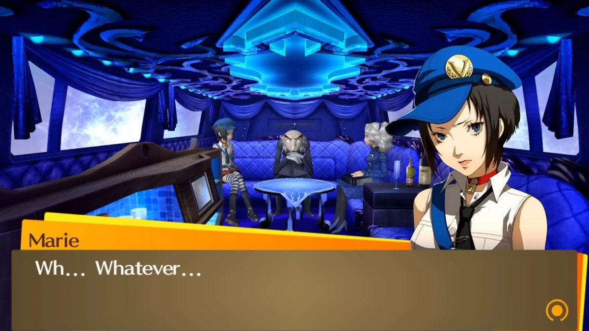 Marie sitting in the Velvet Room beside Margaret and Igor in Persona 4 Golden.