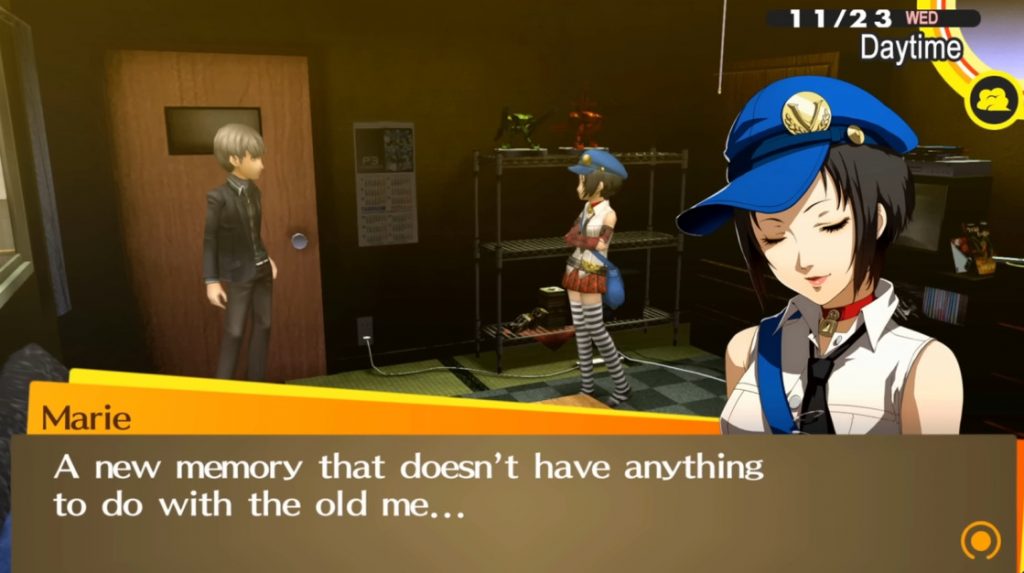 Marie talking to the protagonist within his room in Persona 4 Golden.