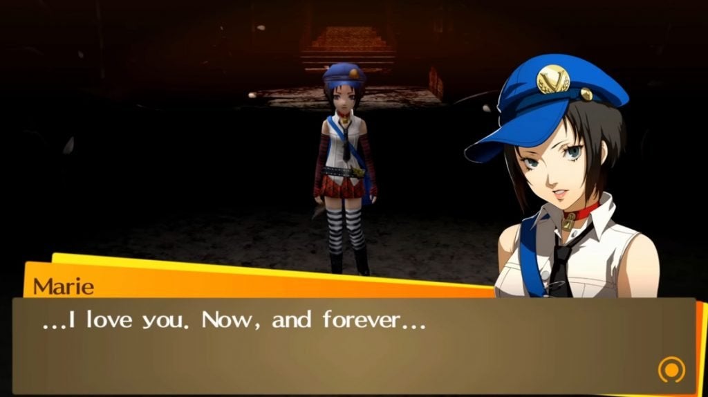 Marie standing in a strange, dark space, talking to the protagonist in a dream in Persona 4 Golden.