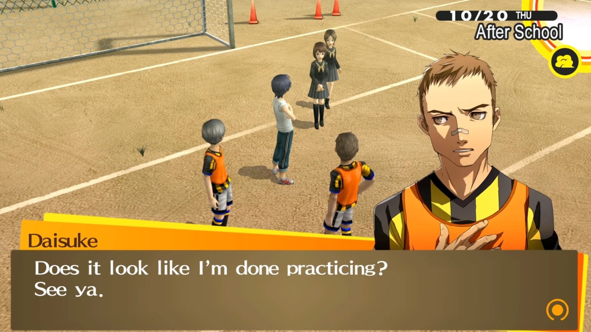 Daisuke Nagase, a star soccer player at Yasogami High in Persona 4 Golden, telling his fangirls to get off the field while he practices.