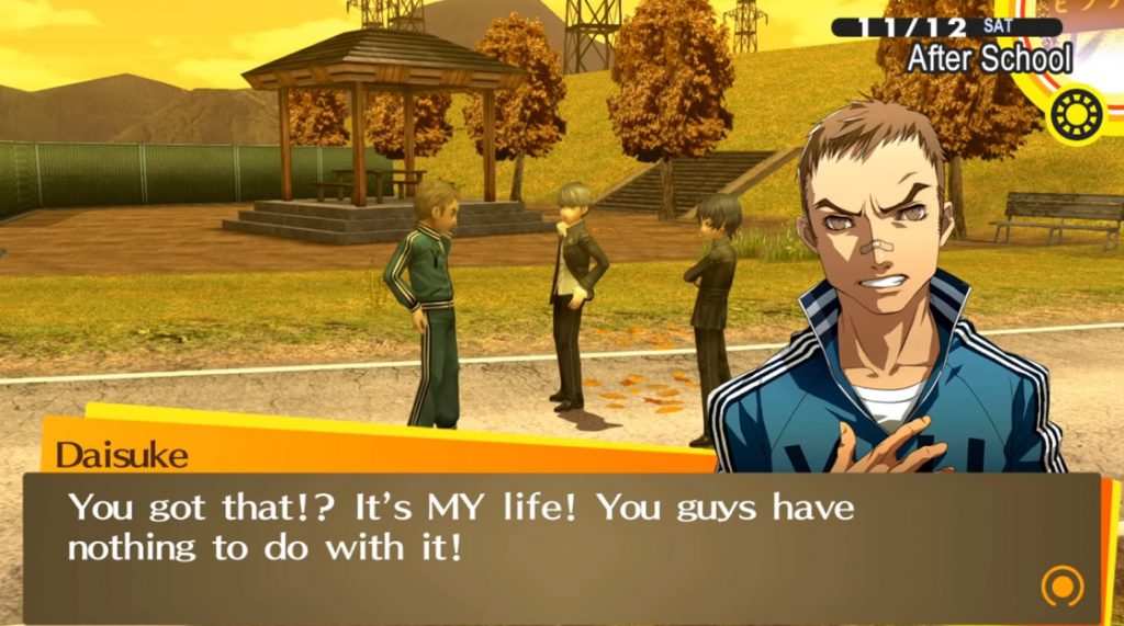 Daisuke, Kou, and the protagonist of Persona 4 Golden arguing at the Samegawa Flood Plain.
