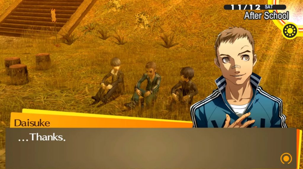 Daisuke, Kou, and the protagonist of Persona 4 Golden sitting near the river and chatting happily.,