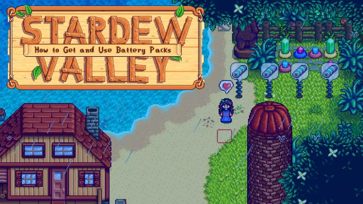 A player standing on a beach in Stardew Valley next to some Lightning Rods that have battery icons above them.