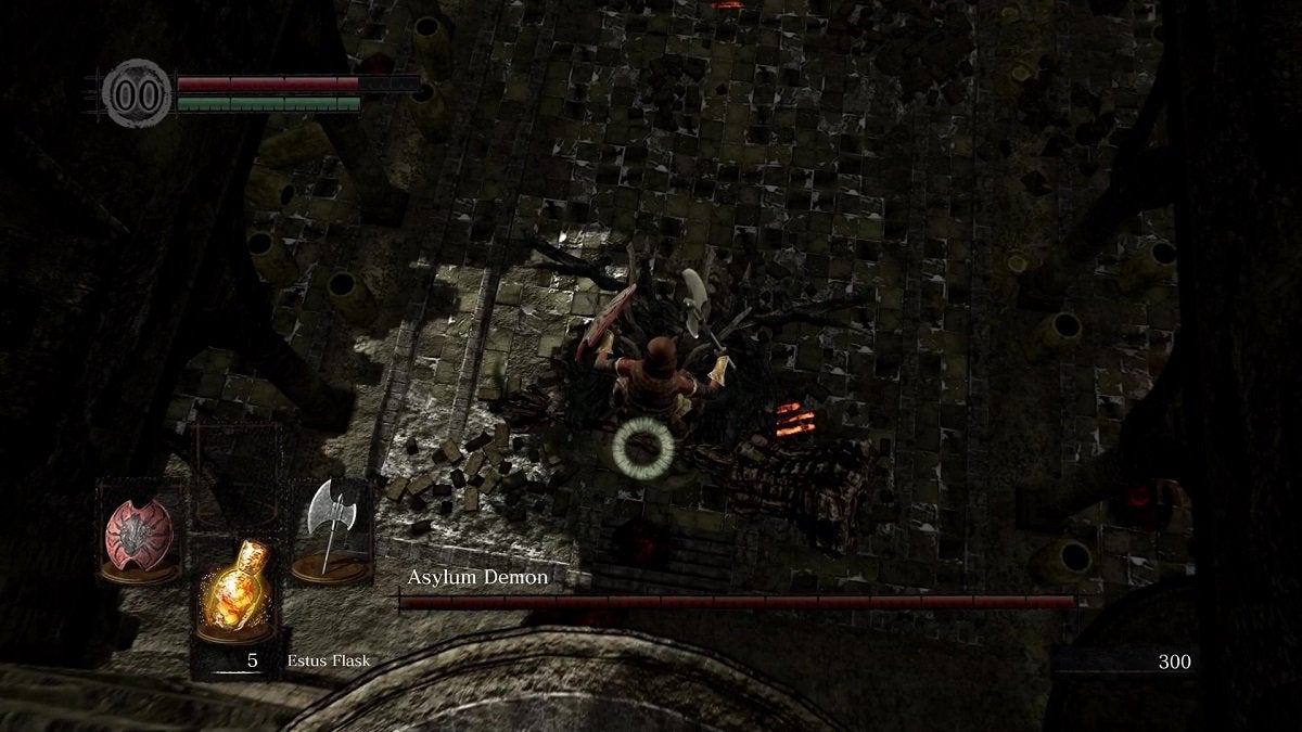 The Chosen Undead performing a plunge attack on the Asylum Demon.