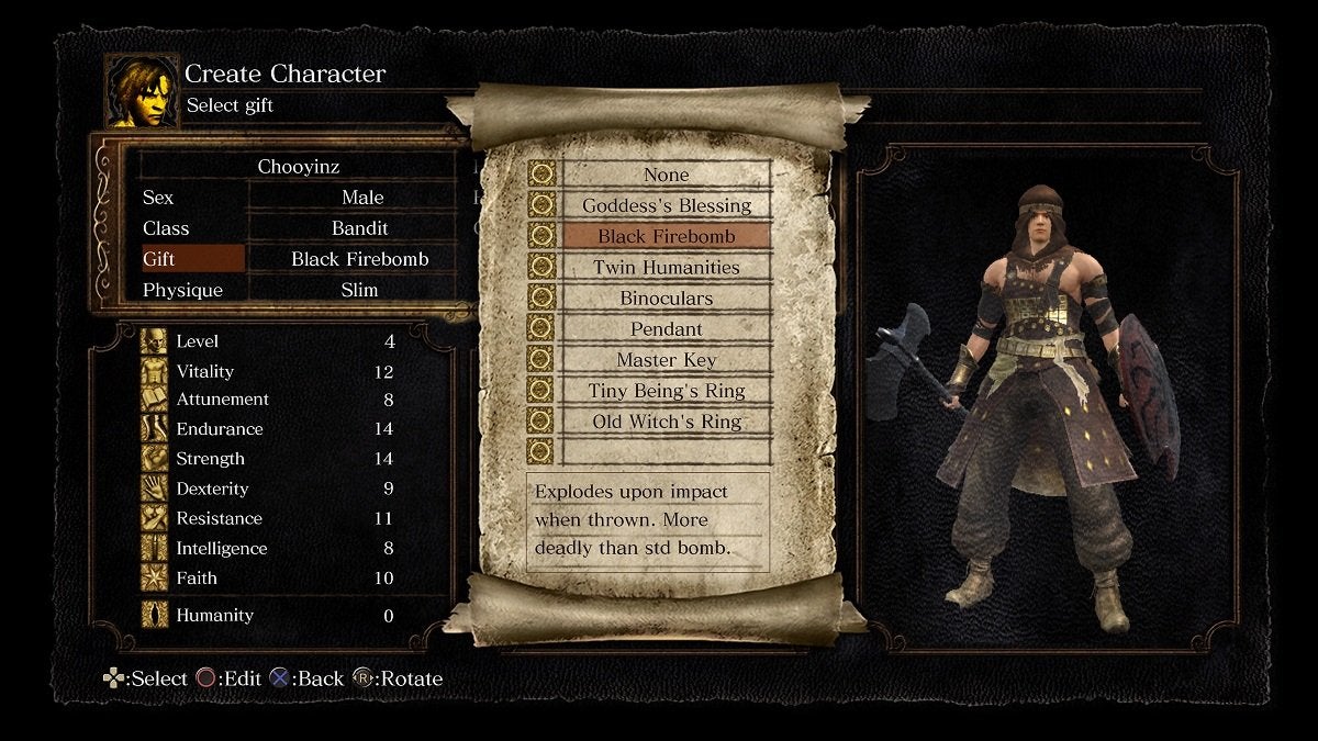 The starting gift menu in the character creation of Dark Souls.